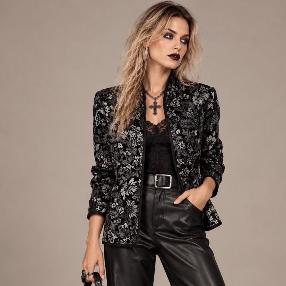Coldwater Creek XL Floral Jacquard Jacket Black Gray Textured Button Front Goth